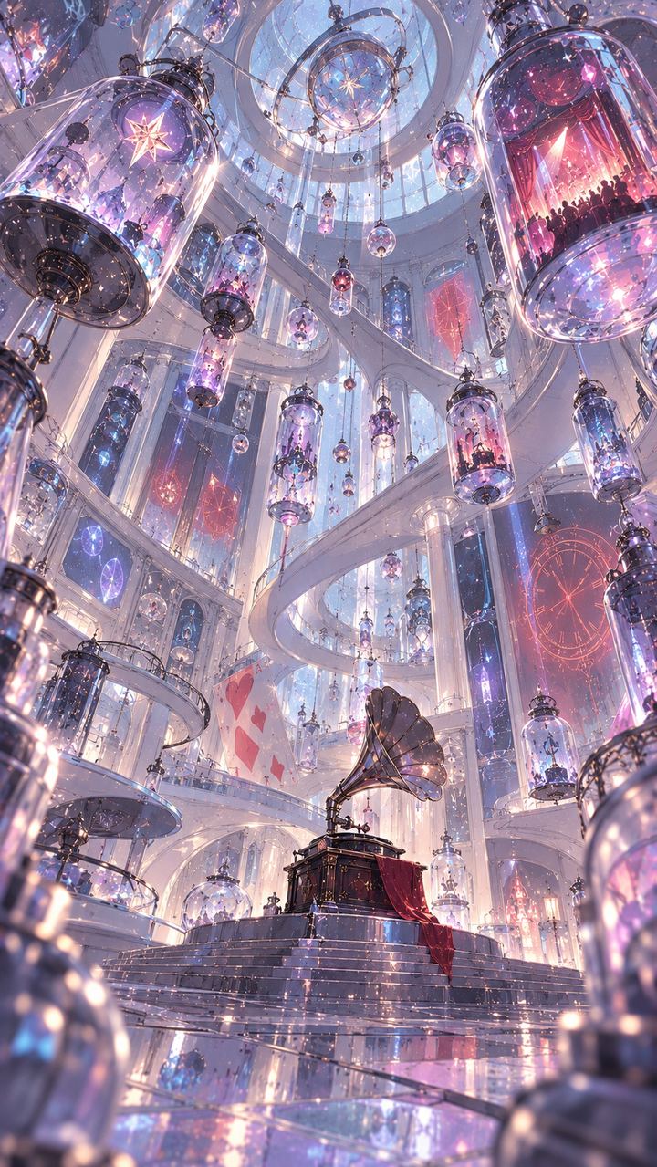 2100年の白く光る博物館。思い出の詰まったガラス瓶が宙に浮かび、中央に古い蓄音機